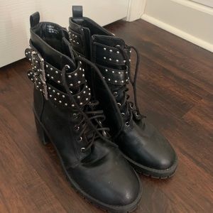 Black Leather Heeled Combat Boots